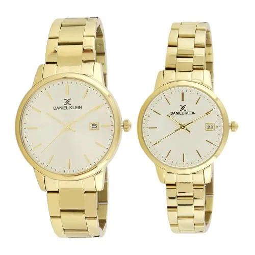 Daniel Klein Analog Silver Dial Gold Strap Watch Pair For Men And Women (DK.1.13298-3)