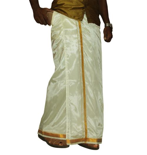 Prakasam coton mens Silk Look Asha (Hip Size-28 Inch) Cream Colour wedding Silk dhoti with golden Jari border Readymade dhoti with pocket dhoti