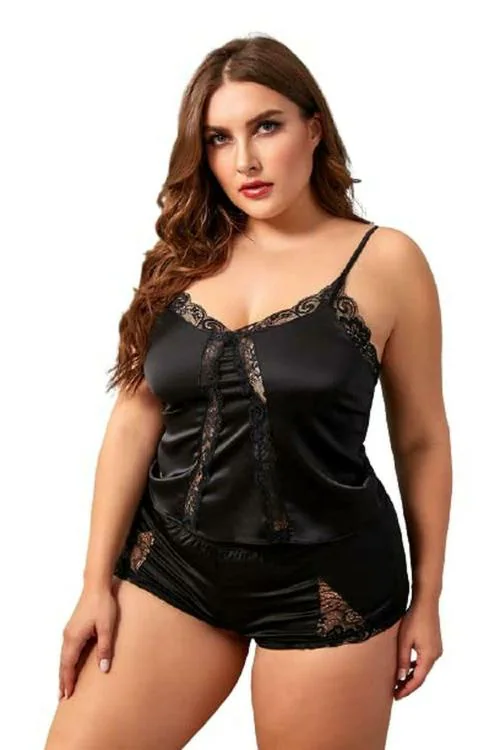Plus Curvves Black Lace Satin Plus Size Pajamas Set - 4XL Size
