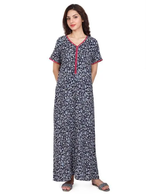 Evolove Women Navy Viscose Liva Long Maxi Night Gown Nighty Dress With Pocket (M)