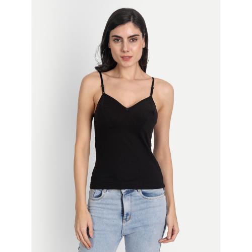 Aimly Women's Regular Fit Sleeveless Cotton Bra Cum Camisole Slip Spaghetti Black XXS Pack of 1