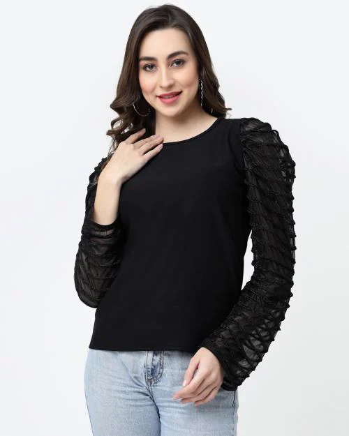 MISS AYSE Trendy Black Cottan Blend Round Neck Regular Top