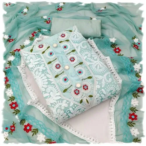 Sidhidata Women's Heavy Chanderi Cotton Embroidery Work Unstitched Salwar Suit Dress Material With Nazmin Work Dupatta Sea Green