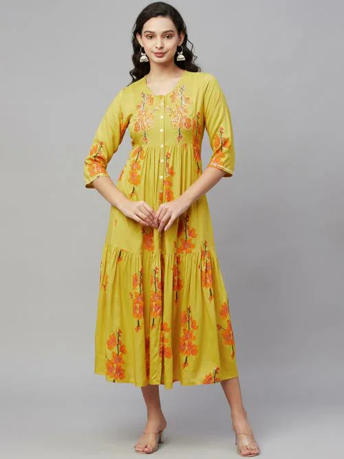 AMIRA'S INDIA ETHNIC WEAR Womens Rayon Printed Embroidered Flared Gown (Mustard)