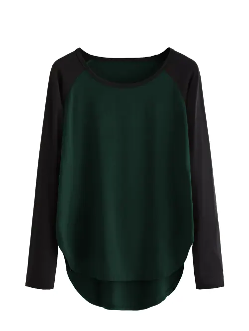Fabricorn Stylish Plain Bottle Green Body, Black Reglan Long Sleeve Round Neck Cotton Tshirt for women (3X-Large)
