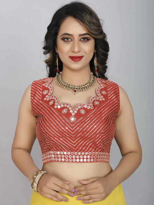 Owee Women Red Embellished Polycotton Party Fashion Neck Blouse