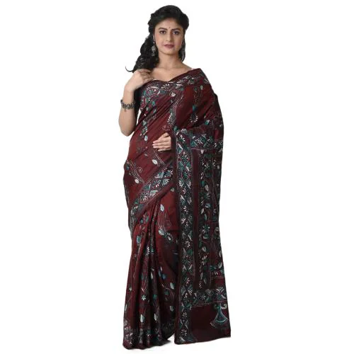 Aishani Colletion Hand Embroidery Kantha stitch Silk Handloom Saree with bp (Maroon)