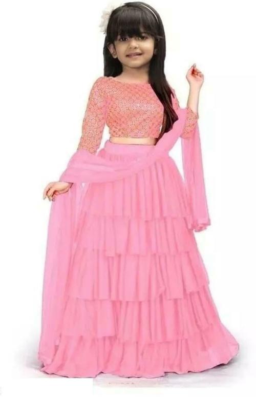 Vajiba Girls Baby Pink Checkered Satin, Net Ghagra, Choli, Dupatta Set