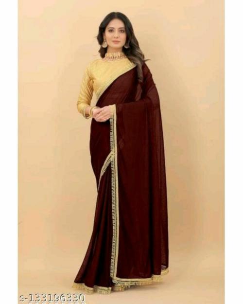 VKARAN Women's Brown Art silk Lace Work Saree With Blouse