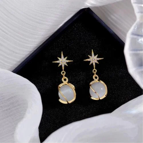 AJS Premium Gold Star Round White Opal Drop Dangle Earrings Jewelry Women & Girls For Any Occasion