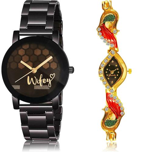 NEUTRON Latest Luxury Wifey Chain And Peacock Black And Gold Colour Analog Metal And Stainless Steel Belt 2 Watch Combo For Women And Girls - GCPL2-G117
