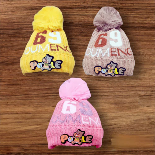 TRUBLIZ Warm knitted Beanie Fur Pom Pom Hat, Winter warm hat for toddler, Baby Boys, Girls, Kids Woolen Hats Warm Plush Beanie Hat Super Soft Winter Warm Hat, Knitted Hats, Woolen Hats. Combo pack - Pack of 3. (Yellow, Beige, Pink)