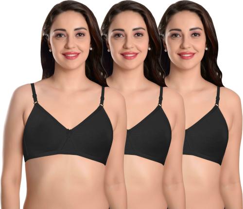 Featherline Women Black Polycotton Pack of 3 Non-Padded Bra (32B)