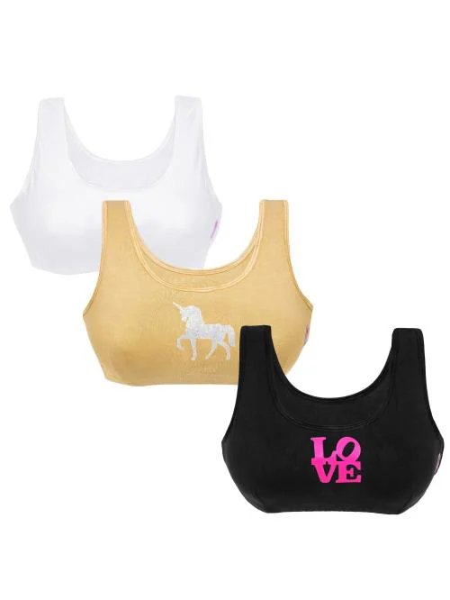 Dchica Pack of 3 Non-Wired,Non Padded Beginner Bras For Girls Black, Skin and White Unicorn and Love Themed