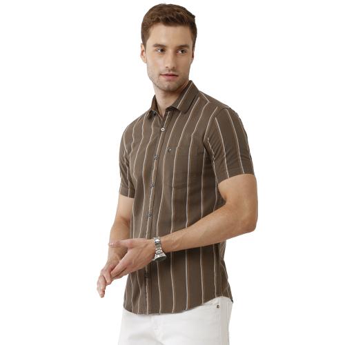 CAVALLO By Linen Club Men's Cotton Linen Natural / Brown Striped Slim Fit Half Sleeve Casual Shirt