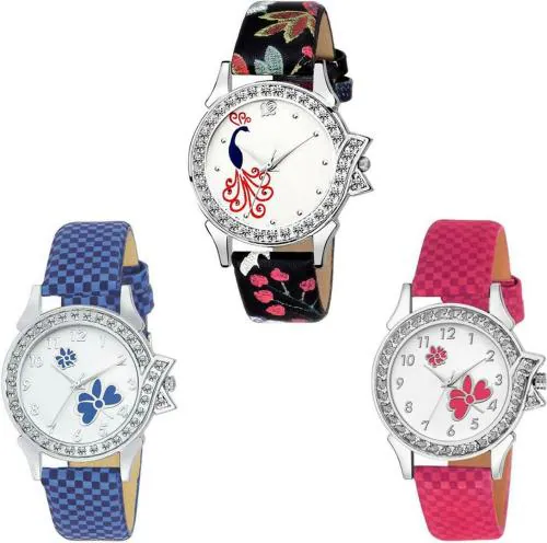SPLAZOS Analog White Dial Blue Strap Wrist Watches for Girls and Women (pack of 3)