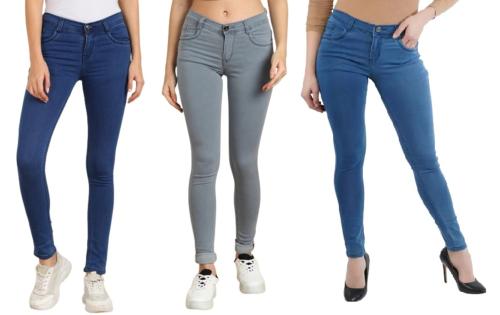 Gradely Women Stylish Full Length Silky Fashion Denim Jeans Pant Combo pack of 3- Blue ,Grey ,Bata Blue