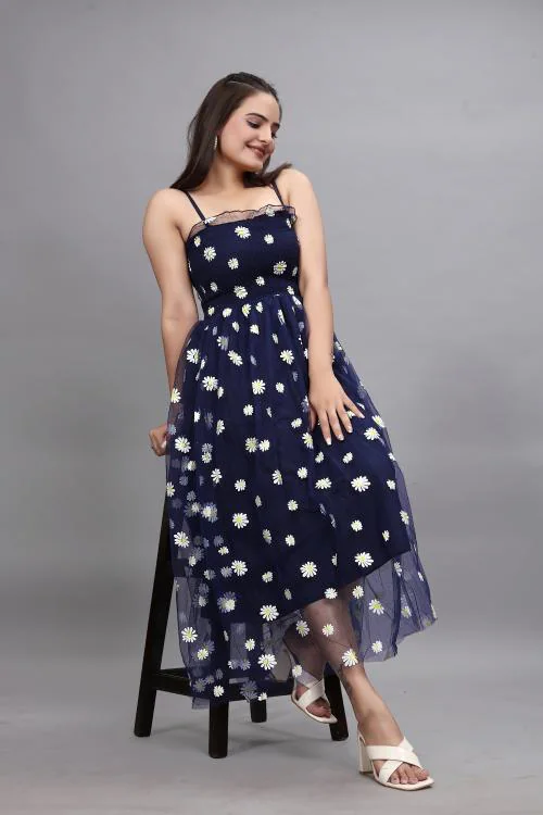 C.J FABRICS Women's Flower Print Net Yellow Dress