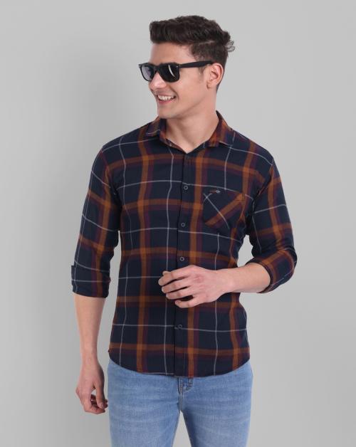 Majestic Man Men Checkered Navy Orange Pure Cotton Blend Shirt