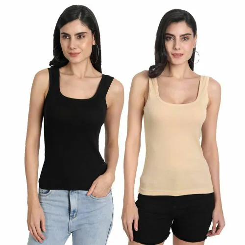 Aimly Women's Cotton Camisole Slip Black Beige S 1015 Pack of 2
