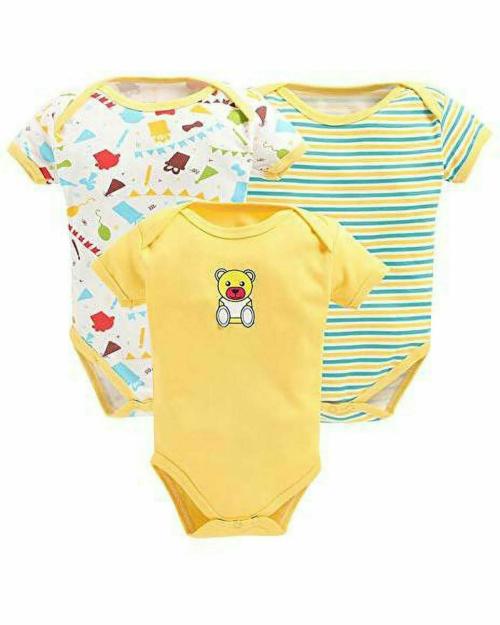 MM IMPEX Baby Boys and Girls Yellow Graphic Print, Striped Cotton Blend (Pack of 3) Romper 9-12 MONTHS| Rompers |Sleepsuits | Jumpsuit |Body suits