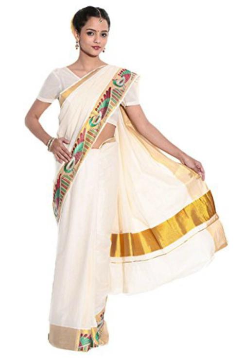 Fashionkiosks Women 100 percent Cotton Saree Embroidered Peacock Border Kerala Kasavu Saree With Blouse Piece