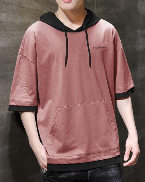 Eyebogler Men's Hooded Neck Oversized Half Sleeves Pink T-Shirt