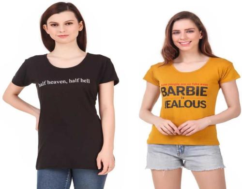 High Seas Women Multicolor Printed Cotton Blend Round Neck T-Shirts - L (pack of 2)