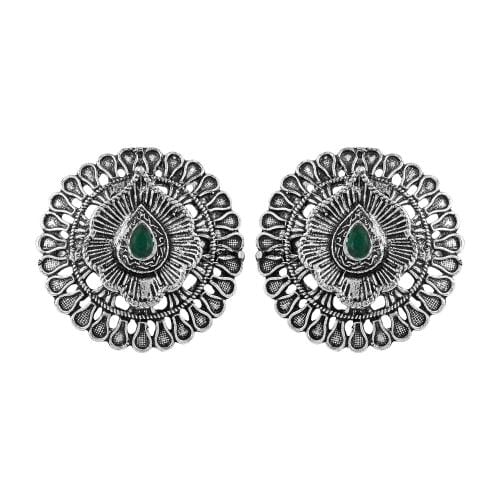 ADMIER Silver Oxidised round floral Design faux emerald Studed fahion ...