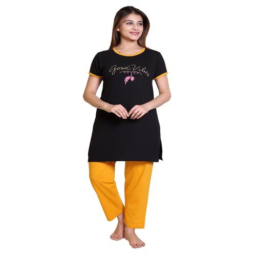 E-MAX Summer Casual Nightwear Cotton Blend Printed Round Neck half Sleeve Night Suit set For Women's