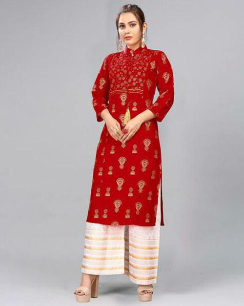 WARTHY ENT Women Red Block Print Straight Kurta Set (M)