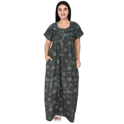 OSF Women's Printed Cotton Floral Maxi Round Neck Full Length Nightwear Night Gown Nighty ( Pack of 1, Light Green, Size: 2XL, NW0386_2XL_LG)