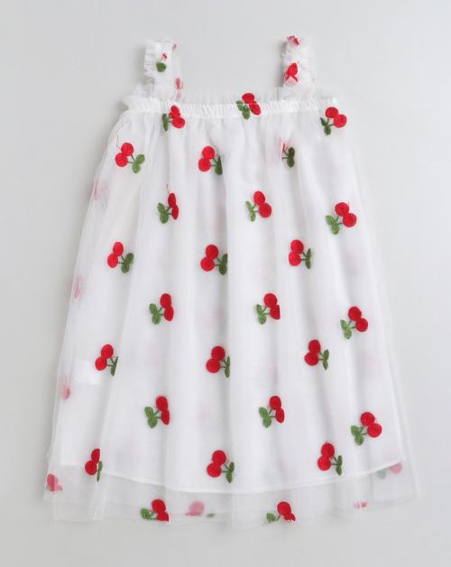 Hopscotch Girls Cotton And Polyester Sleeveless Fruit Print Casual Dress In White Colour For Ages 2-3 Years (FLM-3406997)