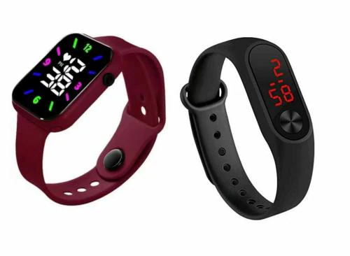 MVS Digital Rectangular Dial Watches| Glowing Light| Heart Symbol| for Boys & Girls| (Pack of 2) Maroon