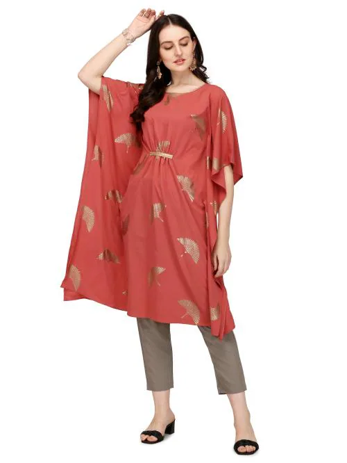 FIORRA Women's Dusty Pink Poly Crepe Kaftan Kurta with Pant