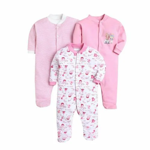 EIO 100% Cotton Newborn Rompers Sleepsuits Jumpsuit Night Suits for Baby Boys & Girls Pack of 3(Pink Rompers 3-6 Months)