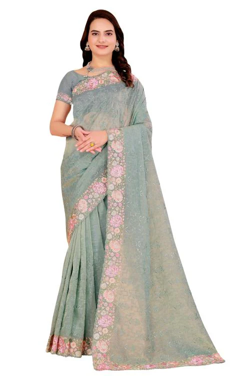 DESI BUTIK Organza Saree for Women With Blouse-crush organza flower