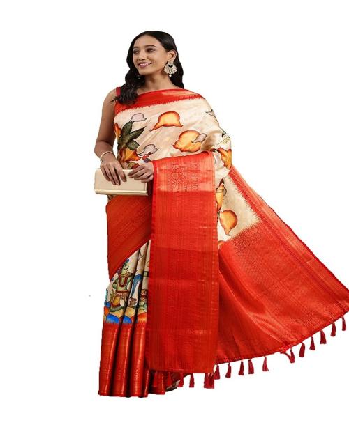 MARGI DESIGNERS Women Red Printed Banarasi Silk Saree with Blouse Piece