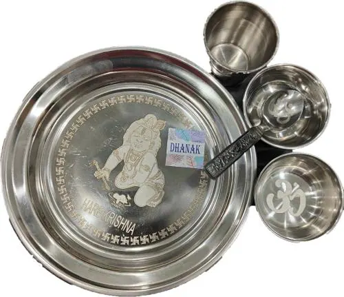 Dhanak Bhog Thali Set_with Laddu Gopal Image_Small Size_Stainless Steel_ 1 Set of 5 Pieces (NO PRECIOUS METAL USED)