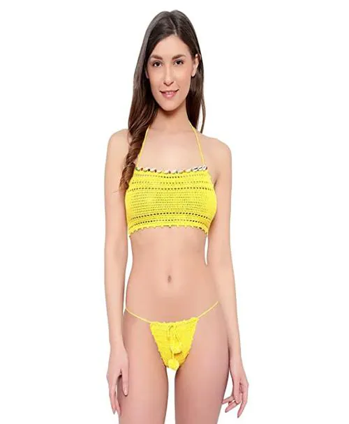 AAYAN BABY Women's Free Size Yellow Color Handmade Crosia Crochet Lingerie Set | Fit to Size Small, Medium, Large (63015-YW)