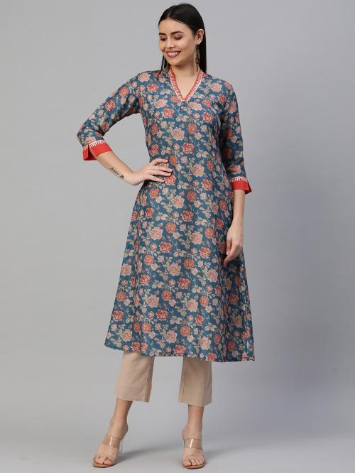 Kami Kubi Women Printed Blue Cotton Kurta (L)