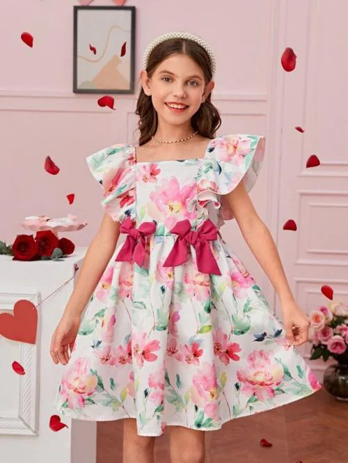 Skyteria Girls Satin Printed Knee Length Sleeve Less Short Frock Dress Multicolour