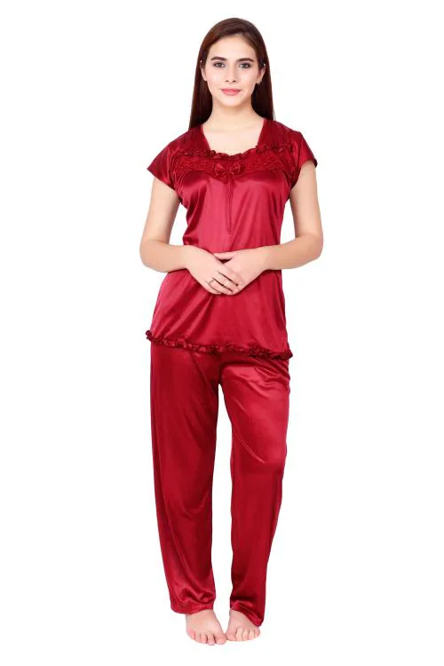 Buy Night keys Women's Satin Plain/Solid Maroon Night suit Top & Pajama