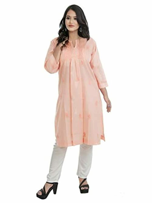 Thread Fiesta Women Peach Pure Cotton Lucknowi Chikankari Kurta - XL
