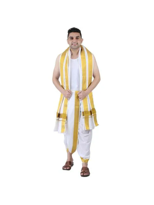 PRAKASAM COTTON mens Panchakacham dhoti towel set/ 9x5 dhoti and Angavastram set/Gold jari border dhoti and Angavasram/ 4.10 meter dhoti and 2.20mtrs towel