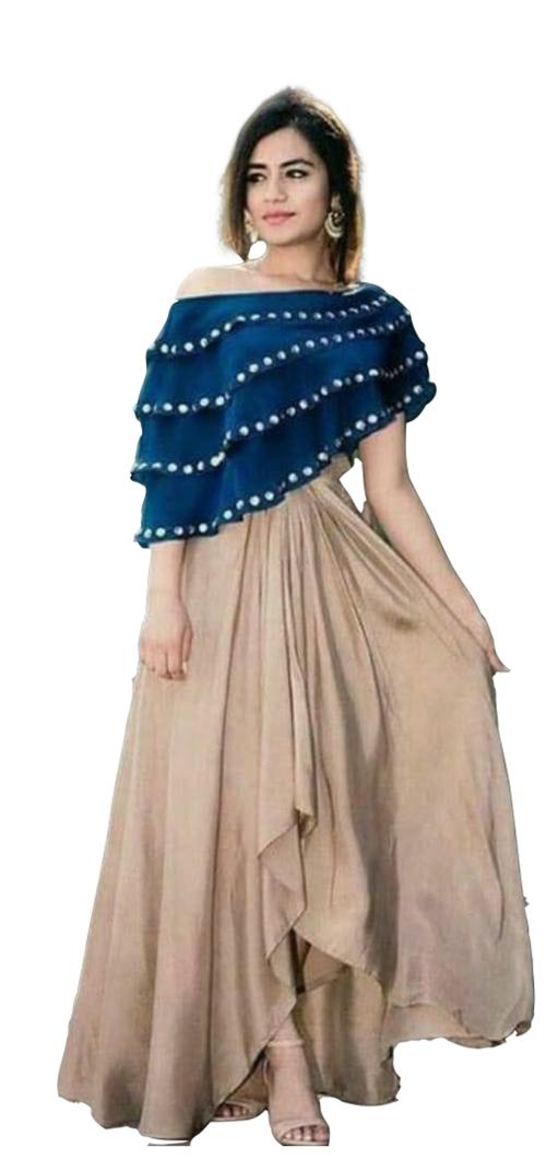 Clickedia Women's Fully Stitched Rayon Gown Ponchu set with Mirror Work Poncho in Off shoulder pattern and Gown with 6 metres flare and Straps sleeves Gown and Top Ethnic Set