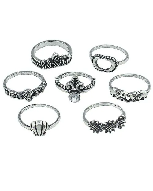 Young & Forever Boho Gypsy Bohemian Oxidised Cubic Zirconia Decorated Elephant Moon Crown Flower Midi Knuckle Stack Rings For Women And Girls Fashion Jewelry(Pack of 7)