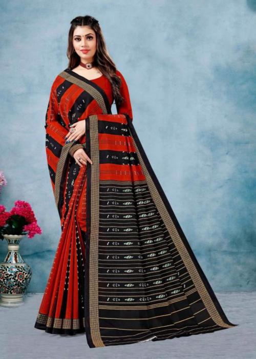 Pasapalli Women Orange, Red, Maroon Printed Cotton Blend Sambalpuri Saree