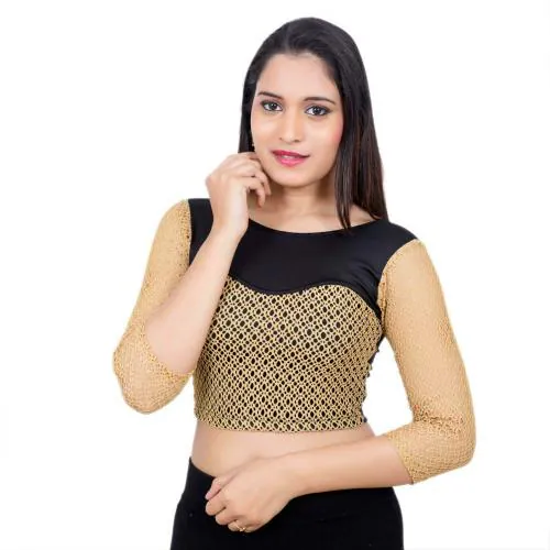 Rinkoo Women's Lycra Solid 3/4 Sleeve Readymade Saree Blouse (V-040-BLACK_40_Black_Large)