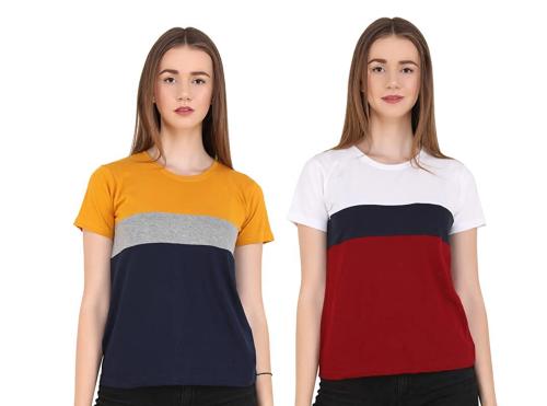 Reifica Women Mustard, Grey, Navy Blue, White, Navy Blue, Maroon Cotton Pack Of 2 T-Shirts (S)